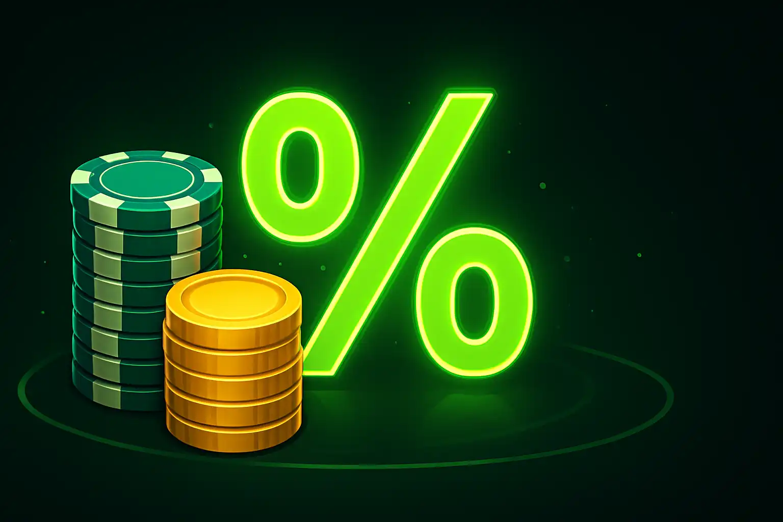 Bonus chips and coins stacked next to a glowing percentage symbol on a dark background